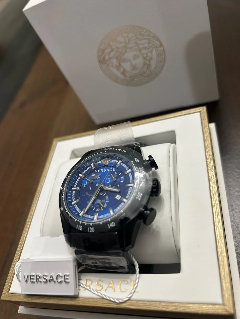 Versace Blue Dial Black  Black VE2I0045mm Tachymeter Date Box Papers